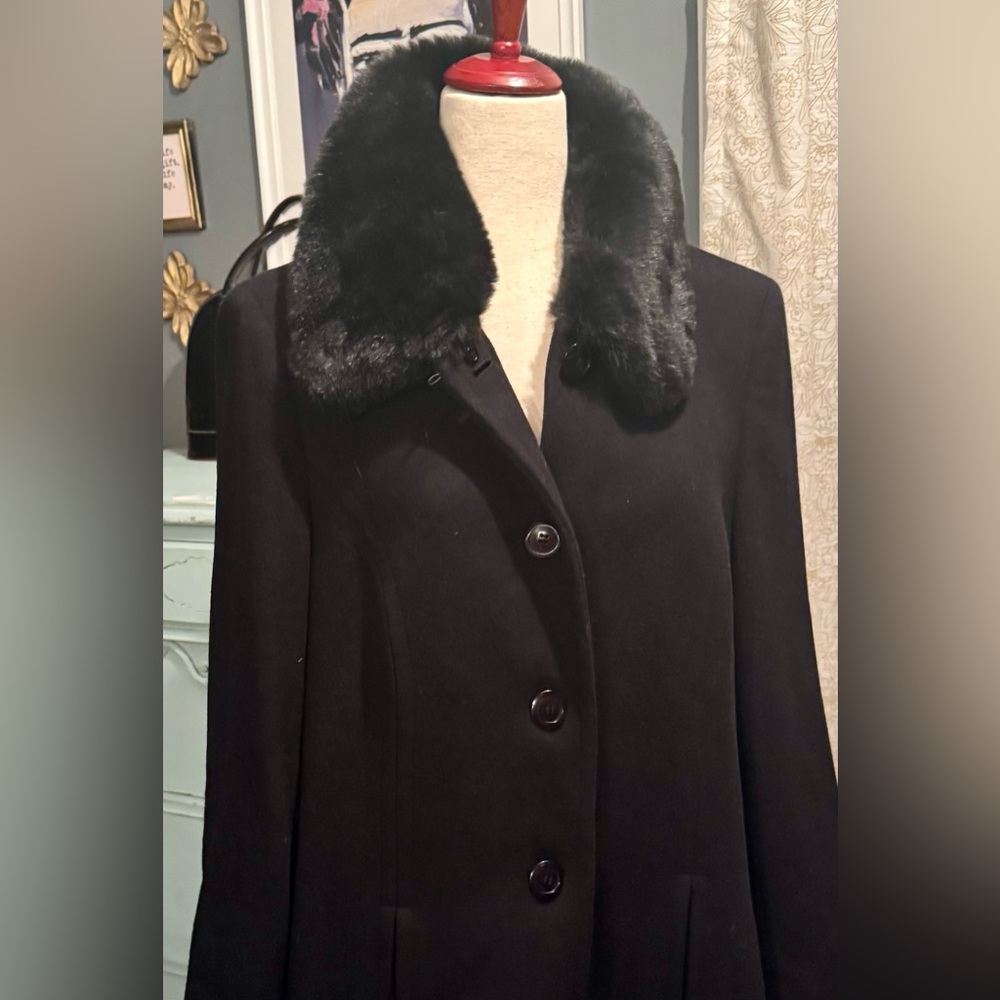 Tribal Black Vintage Wool/Angora Long Coat with Faux Fur Collar